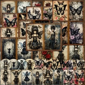Gothic vlinderfee stickers en papieren