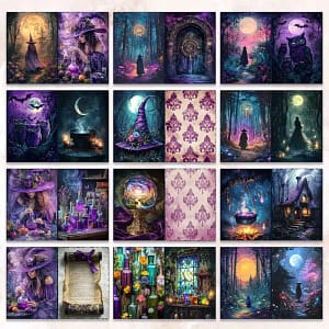 Scrap Set Magische Heksen – 4 Papieren & 4 Transparante Stickers