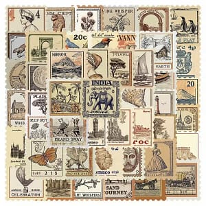 Vintage Stickervel met Postzegels – Klassiek Reizen & Natuur Thema