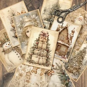 Scrap Set Kerst – 4 Decoratieve Papieren (10x14 cm) + 4 Kerst Stickers