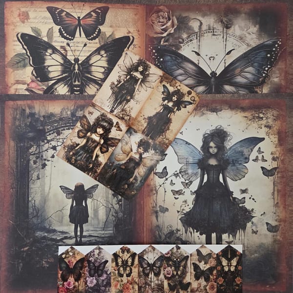 Gothic vlinderfee stickers en papieren