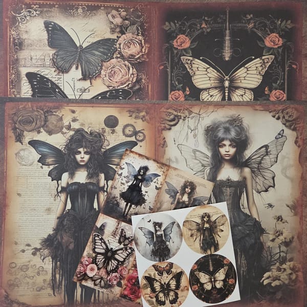 Gothic vlinderfee stickers en papieren