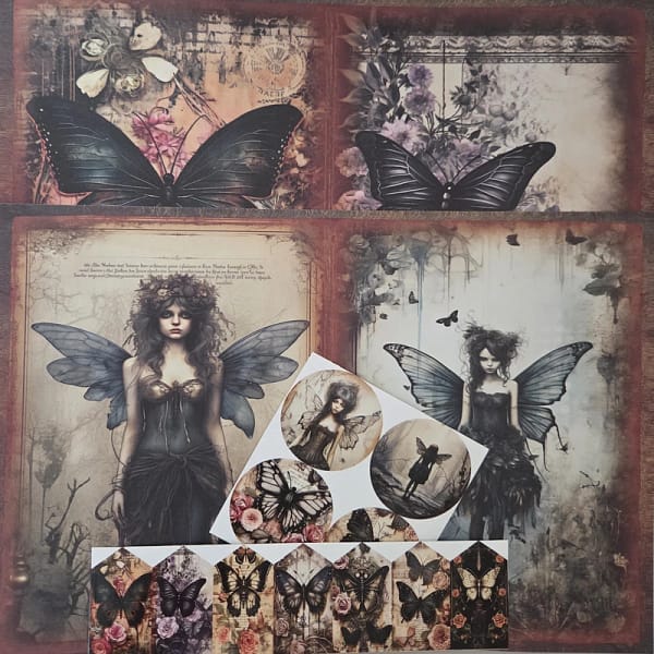 Gothic vlinderfee stickers en papieren
